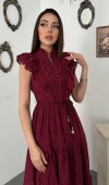 37479 - Bordo Fırfırlı Düğmeli Elbise L Bordo Fırfırlı Düğmeli Elbise L
