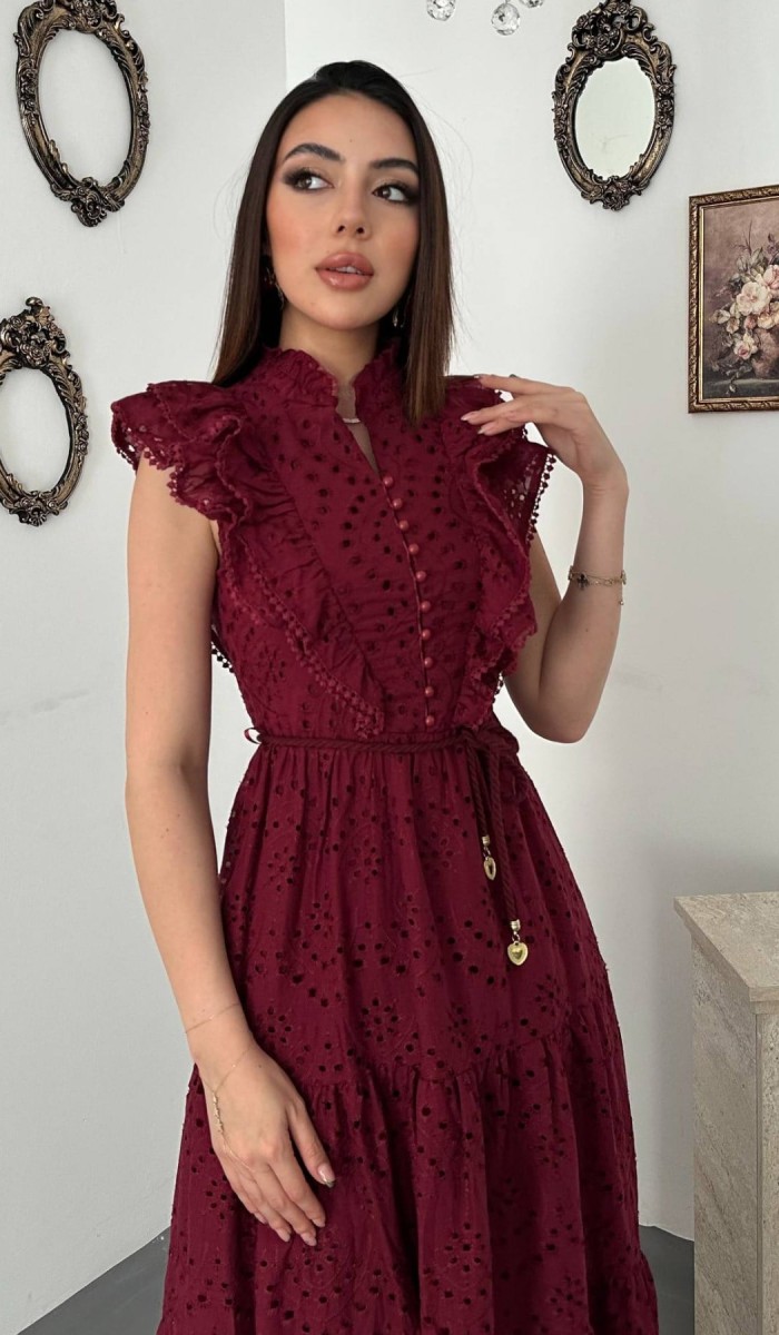 37479 - Bordo Fırfırlı Düğmeli Elbise L Bordo Fırfırlı Düğmeli Elbise L