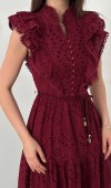 37479 - Bordo Fırfırlı Düğmeli Elbise L Bordo Fırfırlı Düğmeli Elbise L