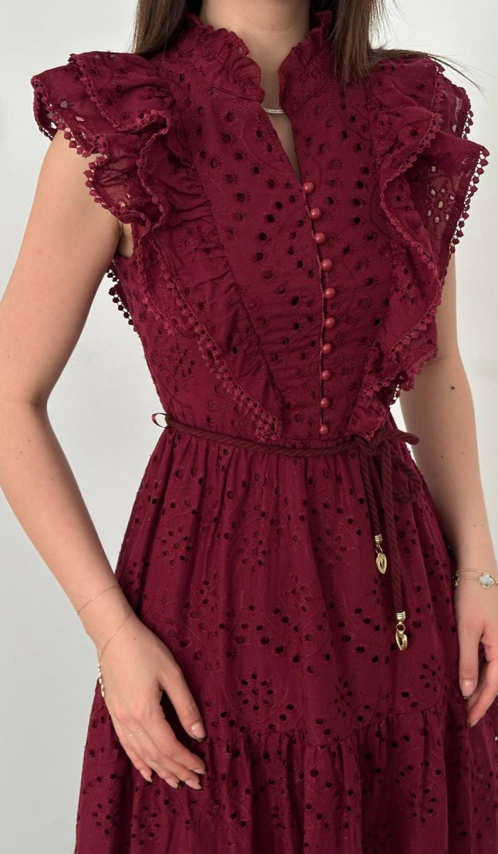 37479 - Bordo Fırfırlı Düğmeli Elbise L Bordo Fırfırlı Düğmeli Elbise L