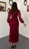 Bordo Güpür Detaylı Dantel Elbise L