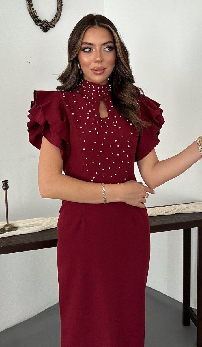 Bordo Işıltılı Elbise L