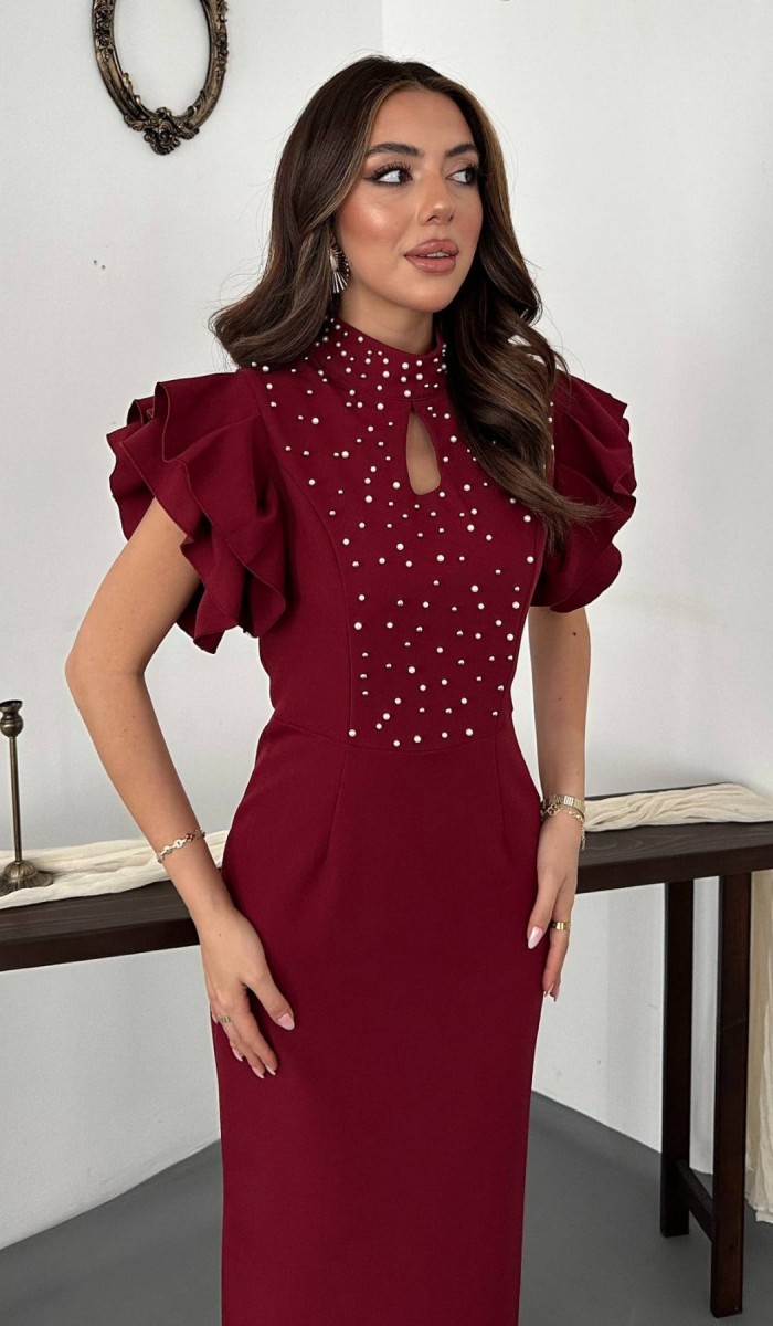 Bordo Işıltılı Elbise L
