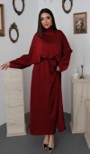 Bordo Jakarlı Saten Elbise L