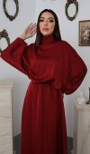 Bordo Jakarlı Saten Elbise L