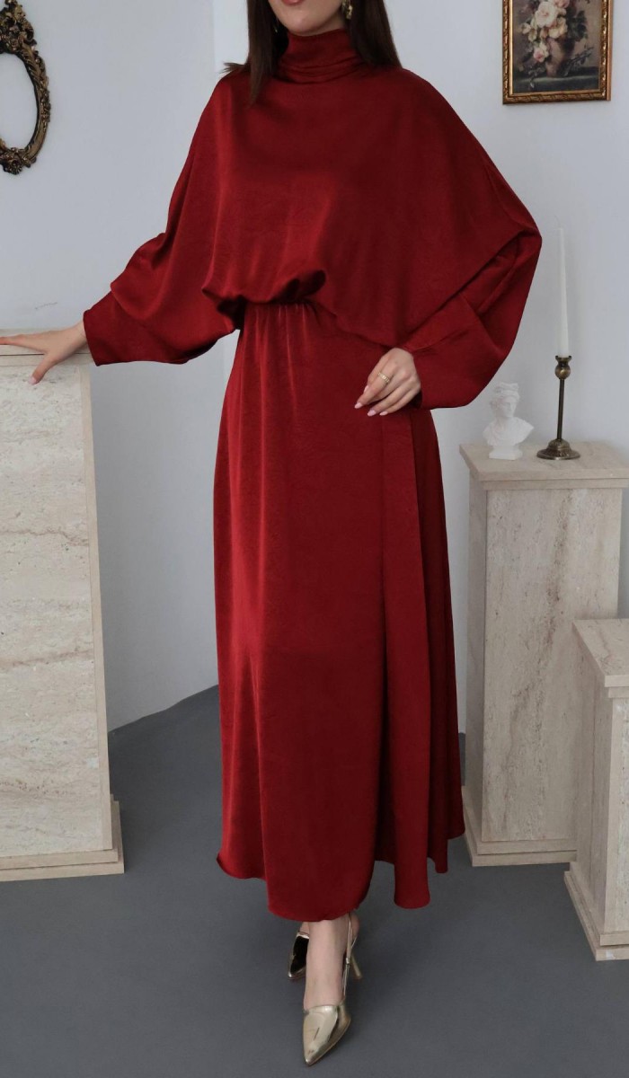 Bordo Jakarlı Saten Elbise L