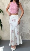 Ekru Saten Soft Çiçekli Etek L
