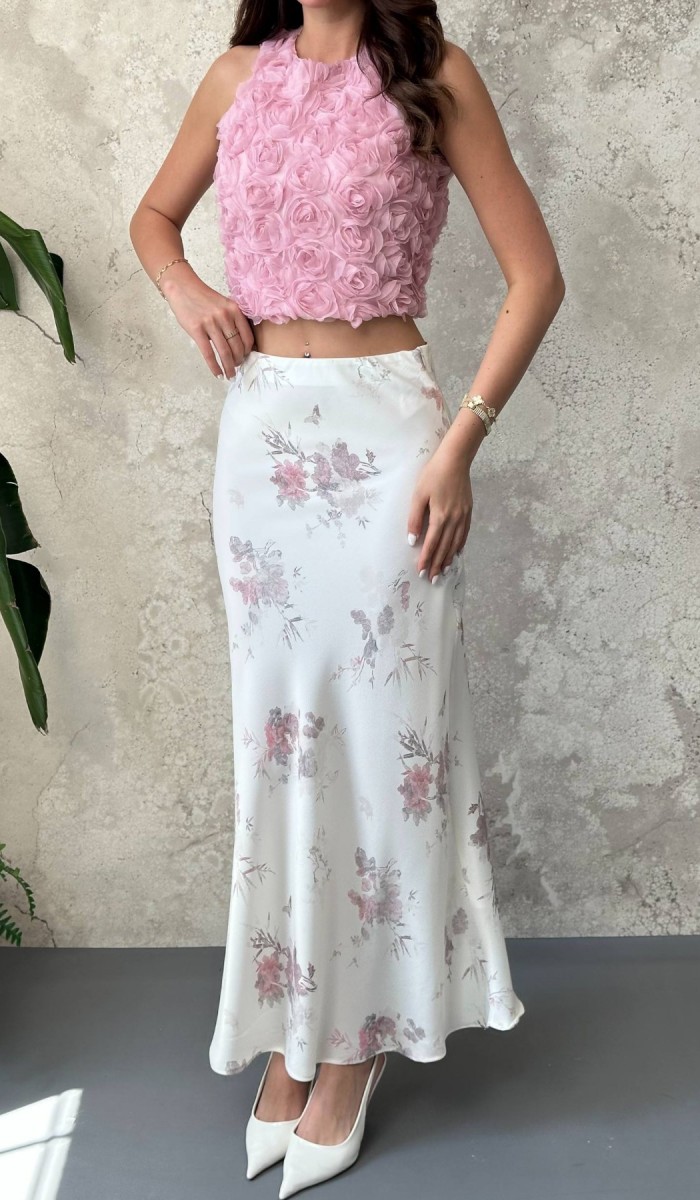 Ekru Saten Soft Çiçekli Etek L