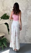 Ekru Saten Soft Çiçekli Etek L