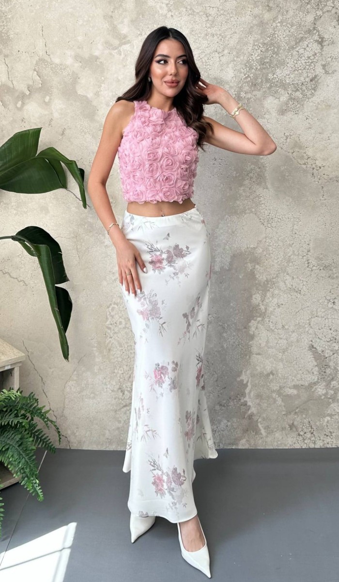 Ekru Saten Soft Çiçekli Etek L