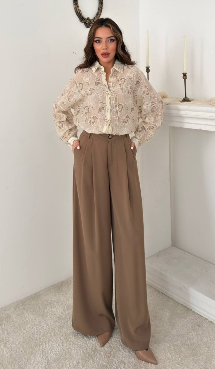 Kahverengi Nakışlı Oversize Gömlek STD