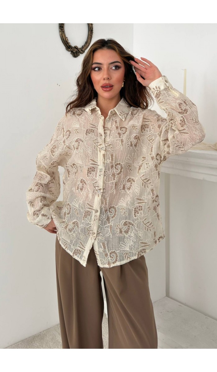 Kahverengi Nakışlı Oversize Gömlek STD Kahverengi Nakışlı Oversize Gömlek STD