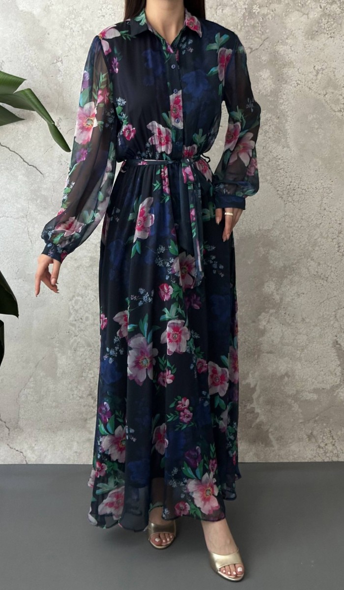 Lacivert Çiçekli Şifon Elbise L