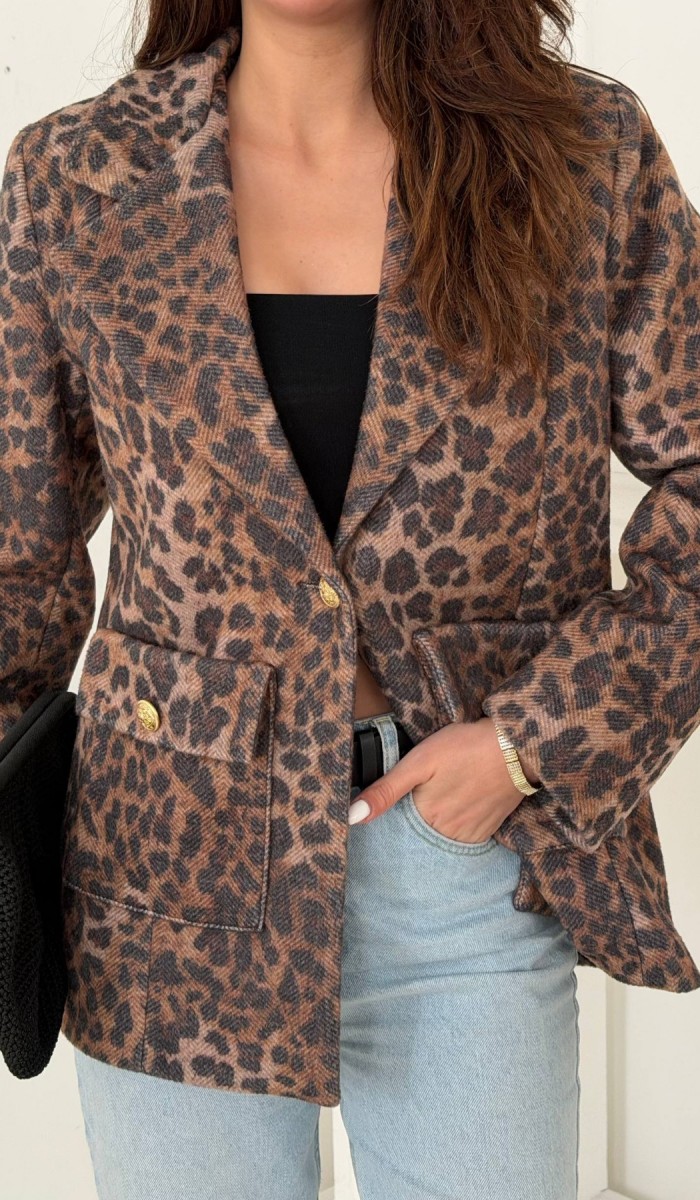 Leopar Gold Kemerli Leopar Ceket L