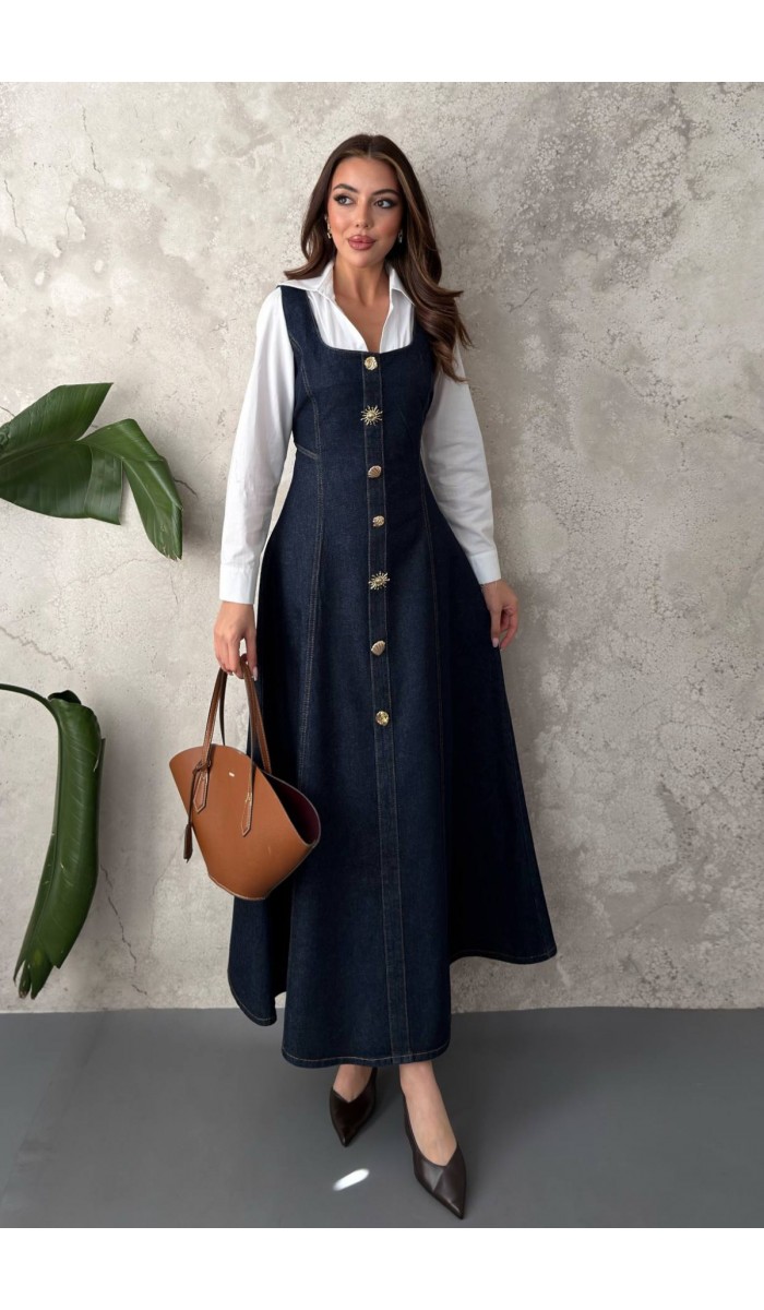 Mavi Süs Düğmeli Kot Elbise L