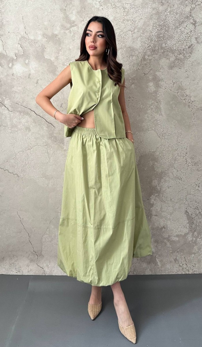 Olive Poplin Yelek Etek Takım L