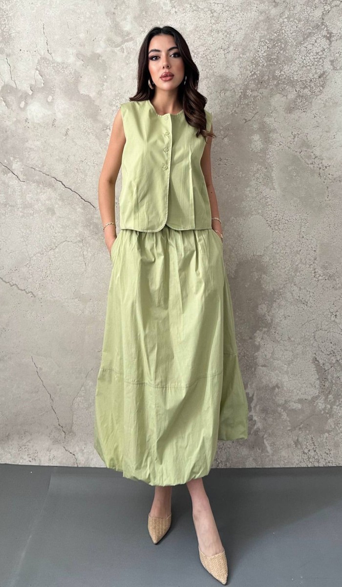 Olive Poplin Yelek Etek Takım L