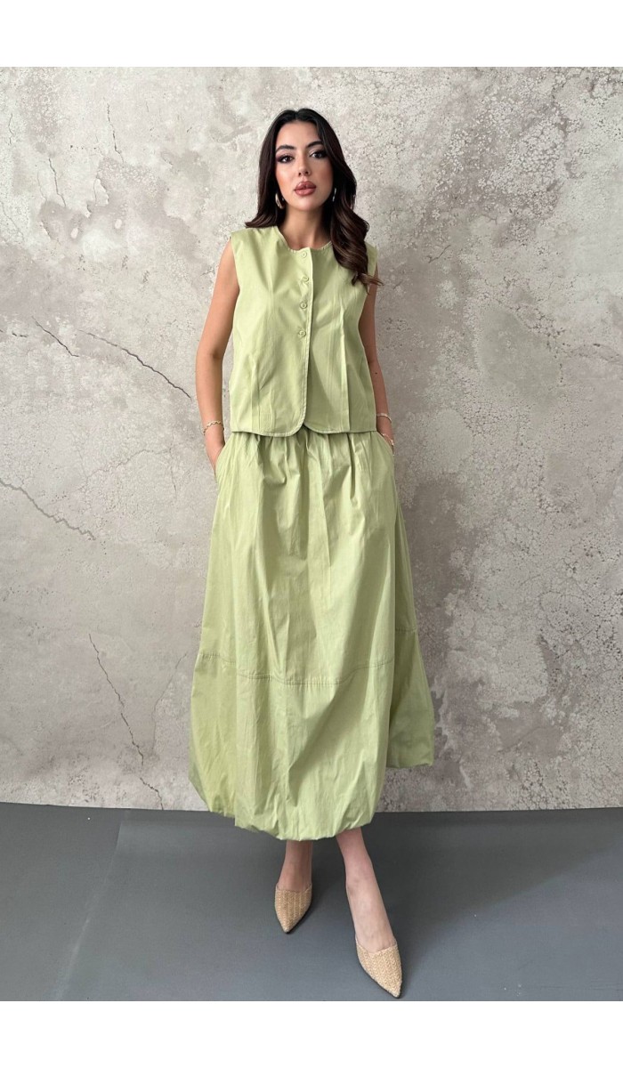 Olive Poplin Yelek Etek Takım L