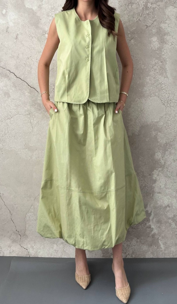 Olive Poplin Yelek Etek Takım L