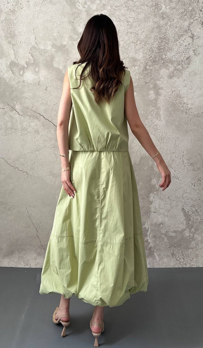 Olive Poplin Yelek Etek Takım L
