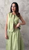 Olive Poplin Yelek Etek Takım L