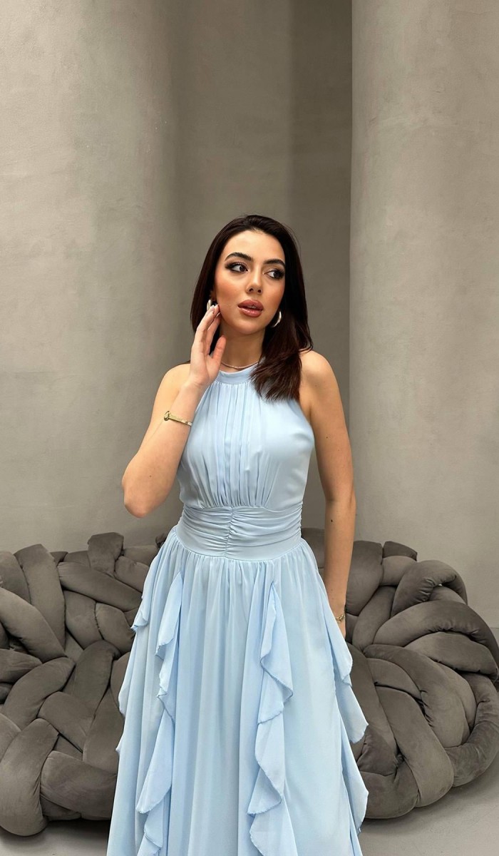Bebe Mavi Önü Büzgülü Fırfırlı Elbise L