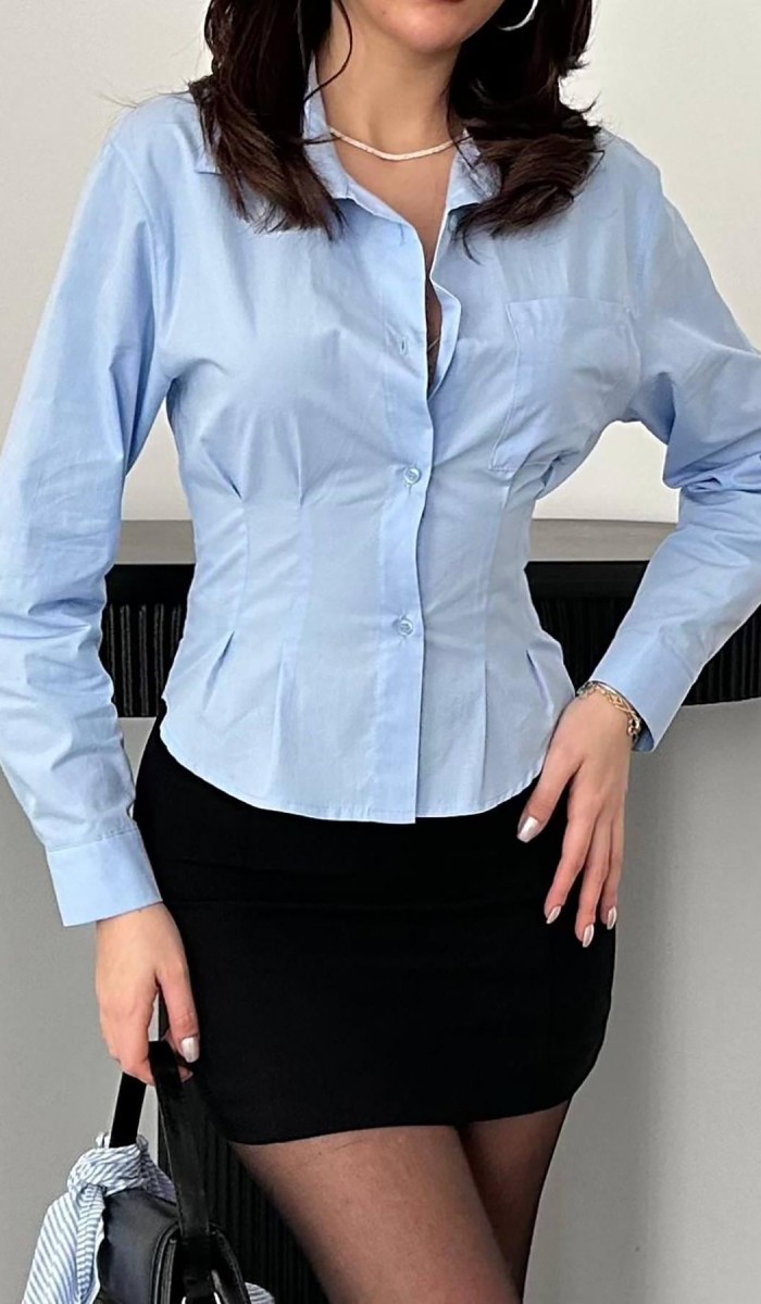 Bebe Mavi Pileli Poplin Gömlek L