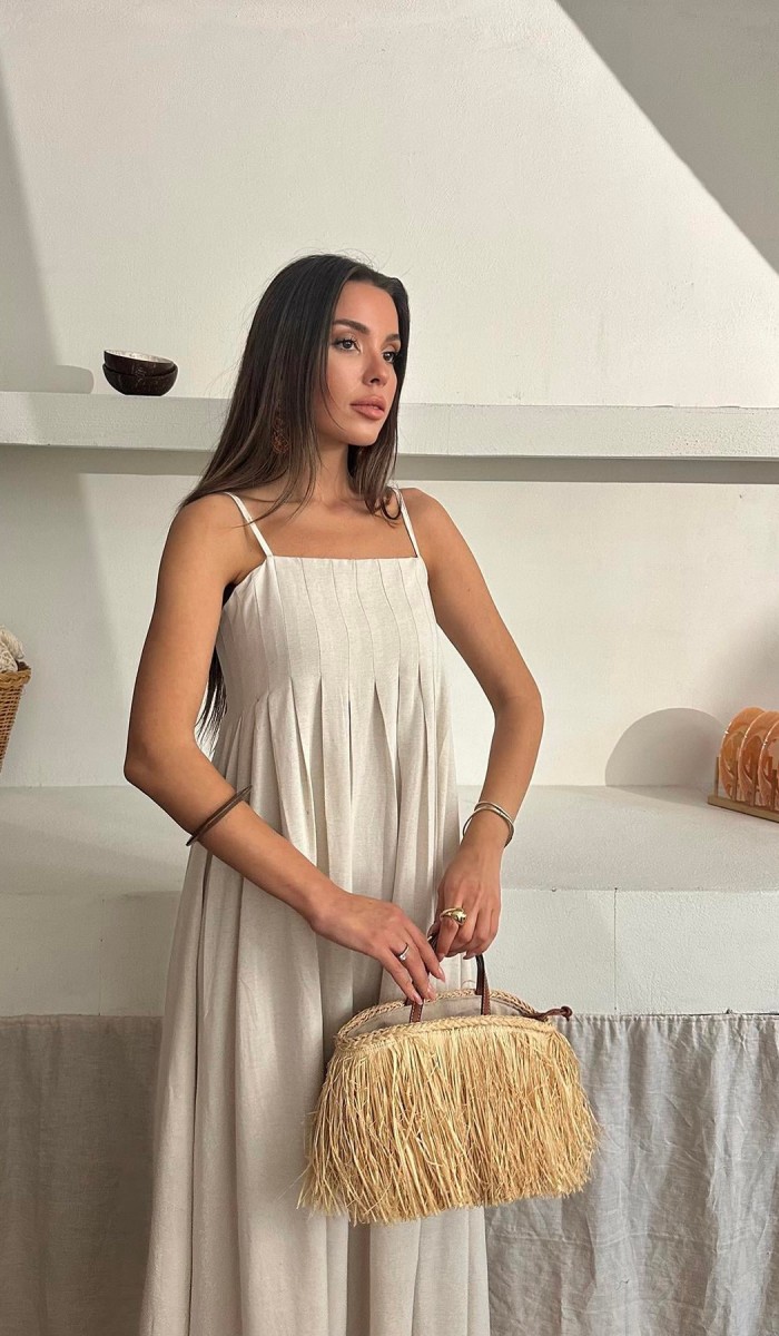 Bej Askılı Pileli Keten Elbise L
