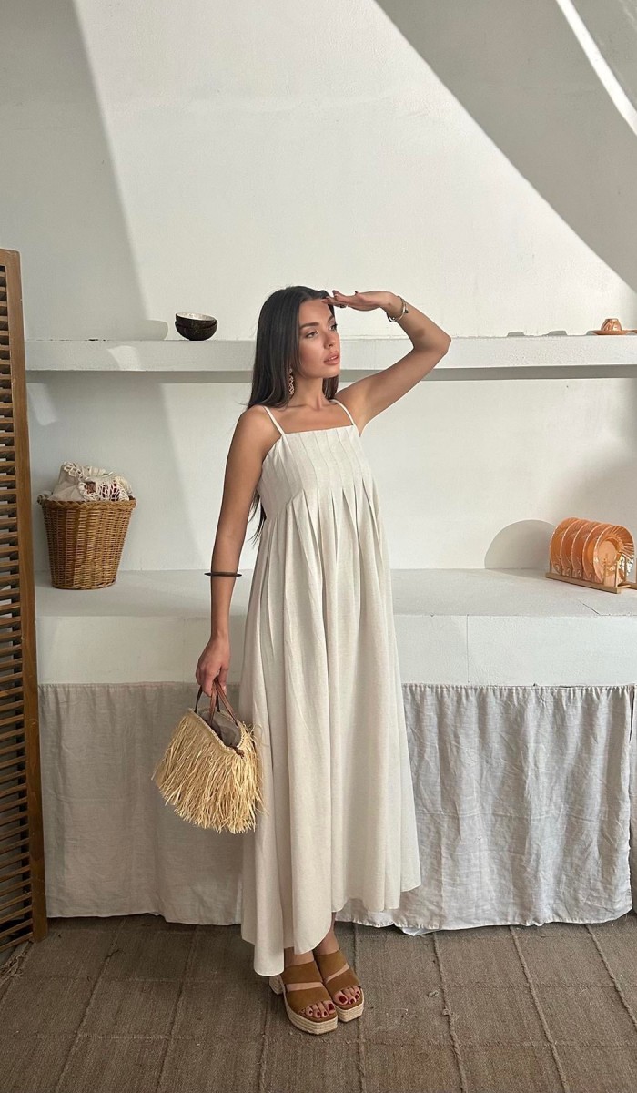 Bej Askılı Pileli Keten Elbise L