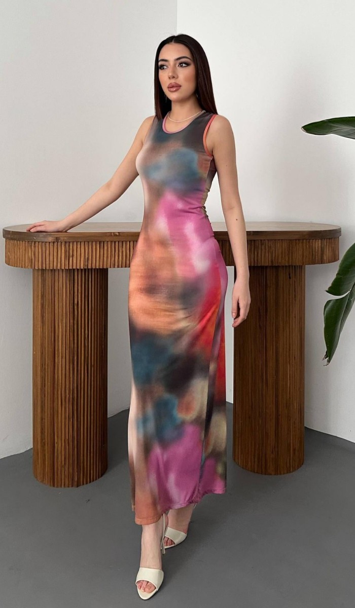 Bej Batik Desenli Elbise L