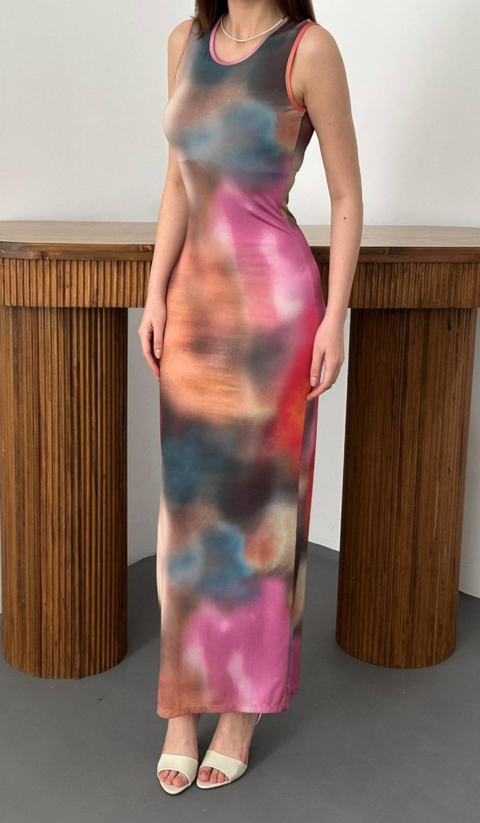 Bej Batik Desenli Elbise L