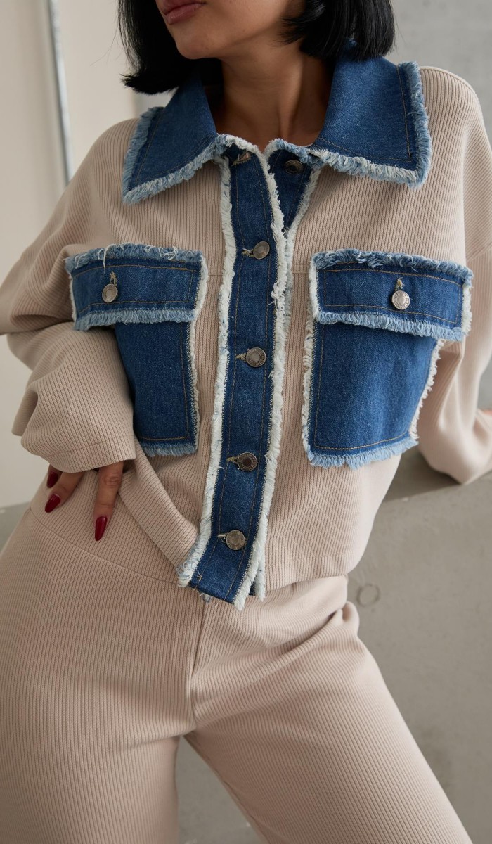 Bej Denim Garnili Gömlek Ve Pantolon Takım L