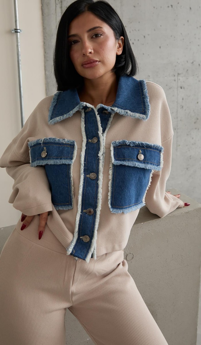 Bej Denim Garnili Gömlek Ve Pantolon Takım L