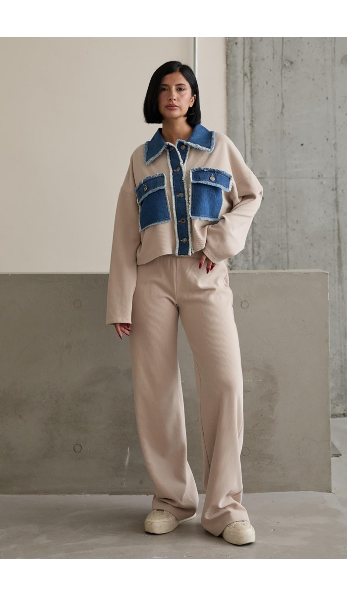 Bej Denim Garnili Gömlek Ve Pantolon Takım L