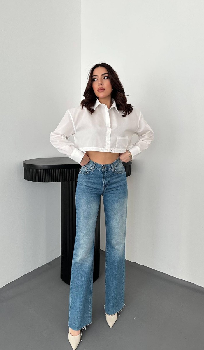 Beyaz Beli Ayrılabilen Poplin Gömlek L