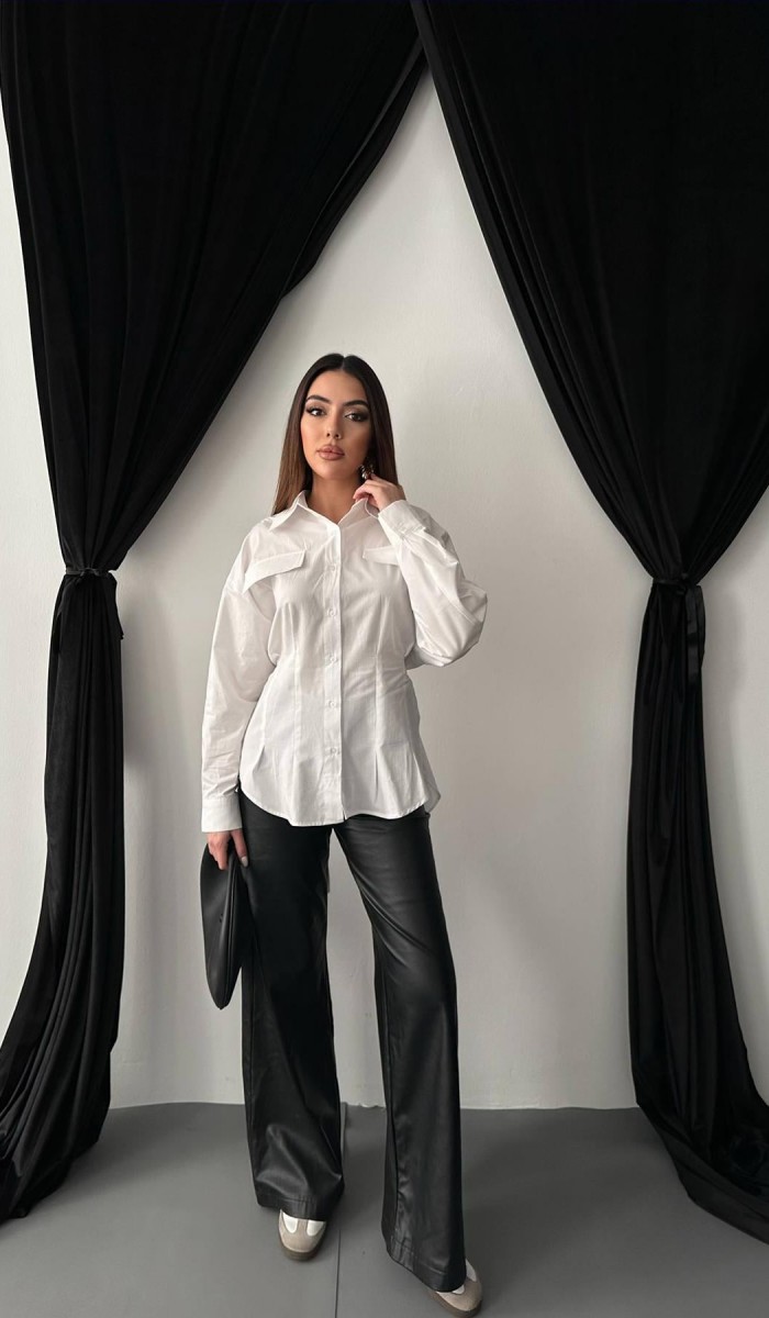 37491 - Beyaz Kapaklı Pileli Gömlek L Beyaz Kapaklı Pileli Gömlek L