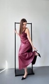Bordo Askılı Deri Elbise L