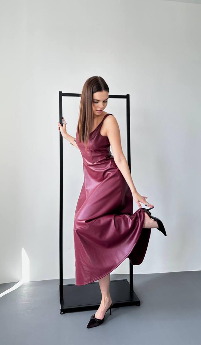 Bordo Askılı Deri Elbise L