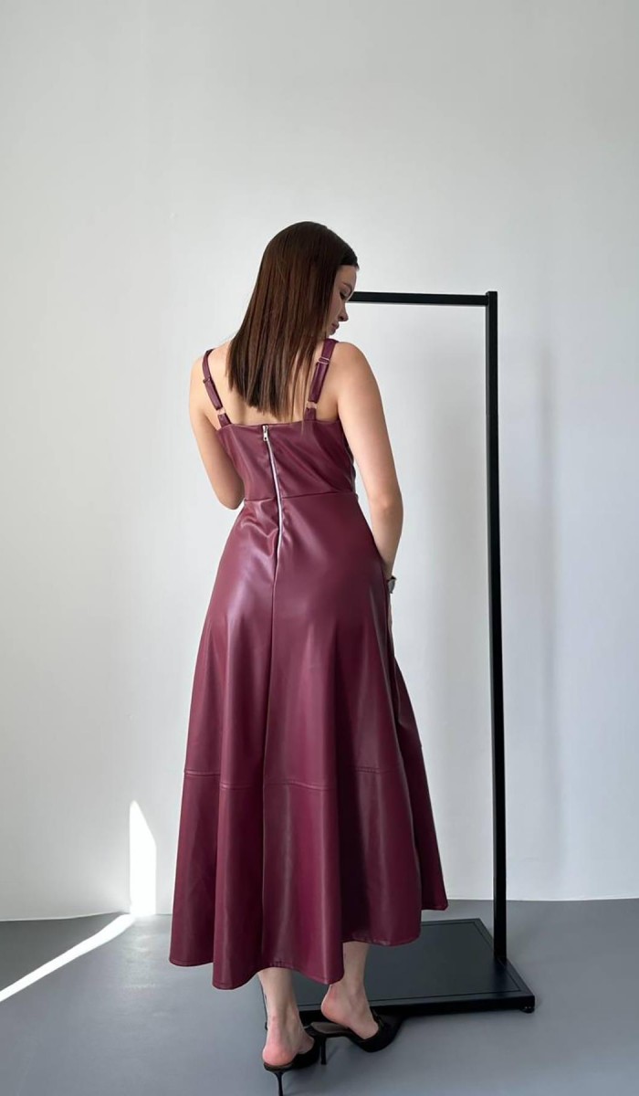 Bordo Askılı Deri Elbise L