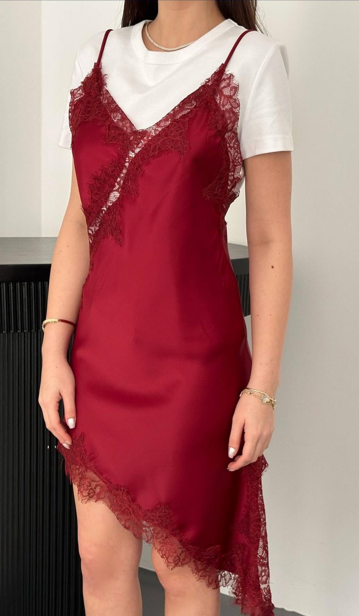 Bordo Dantelli Elbise L