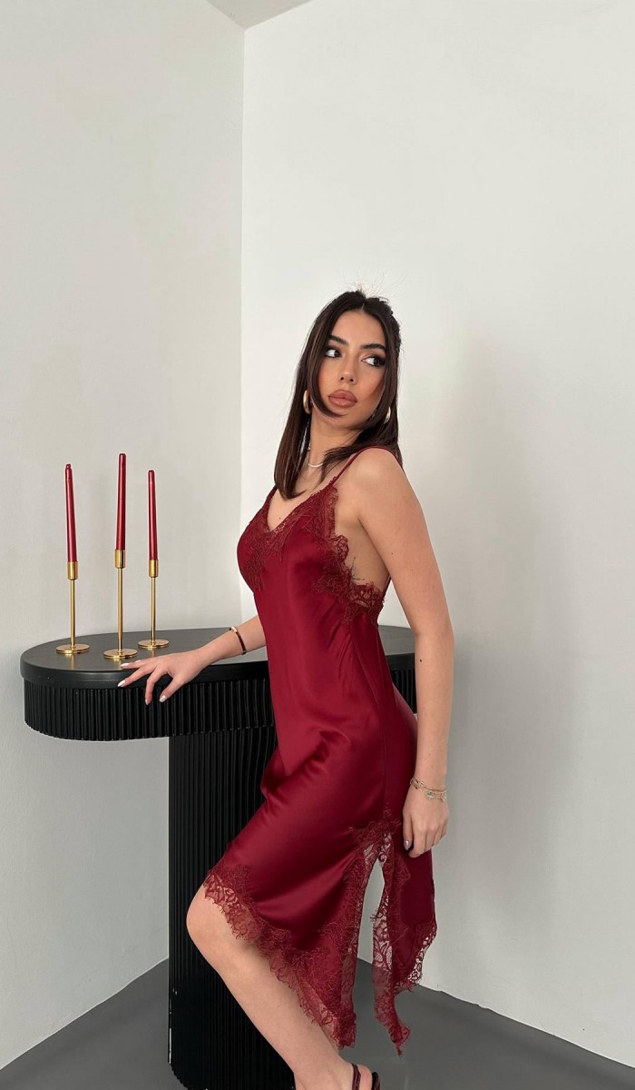 Bordo Dantelli Elbise L