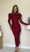 Bordo Dantelli Kolları Kabarık Elbise L