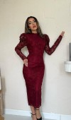 Bordo Dantelli Kolları Kabarık Elbise L