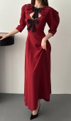 Bordo Ön Dekolteli Fiyonk Garnili Uzun Elbise L