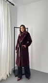 Bordo Deri Kuşak Garnili Kaban L