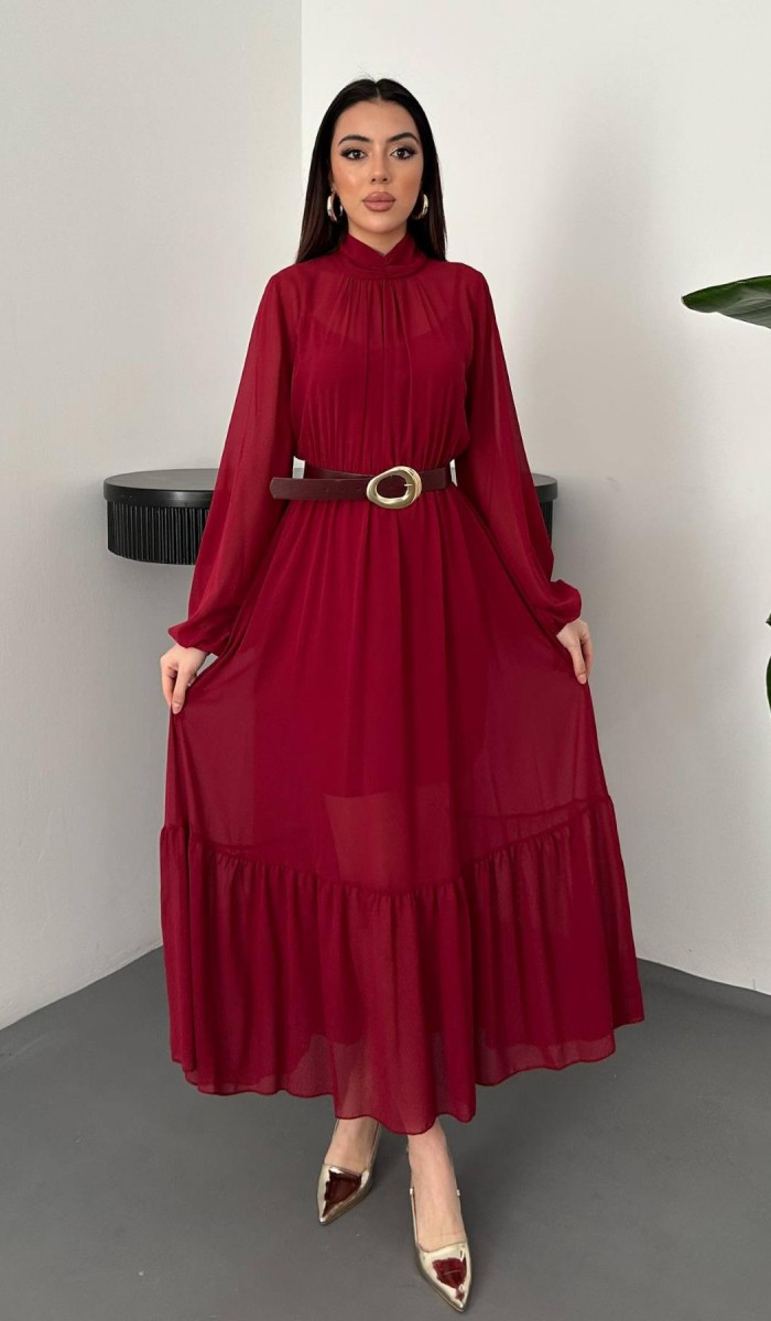 Bordo Eteği Fırfırlı Şifon Elbise L Bordo Eteği Fırfırlı Şifon Elbise L