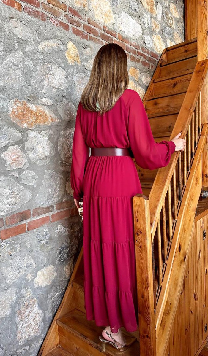 Bordo Fular Yaka Detaylı Şifon Elbise L