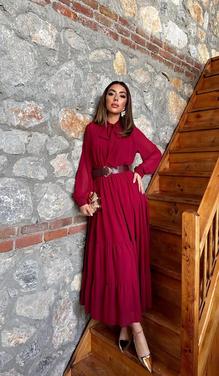 Bordo Fular Yaka Detaylı Şifon Elbise L