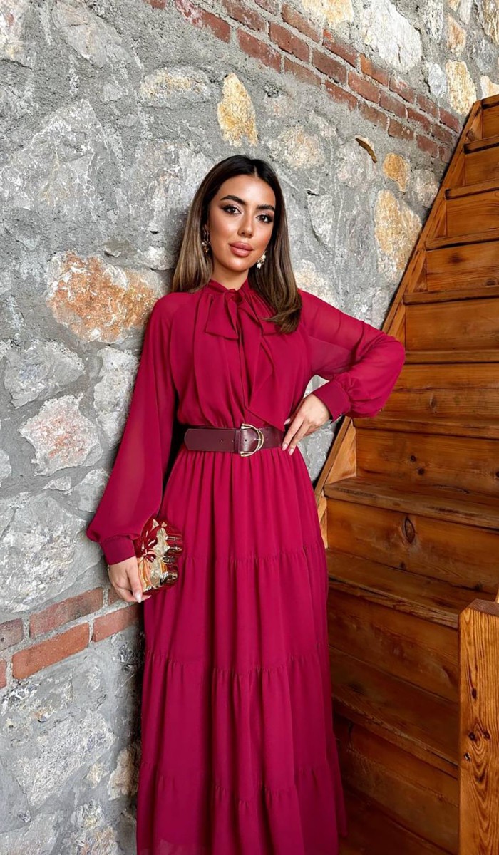 Bordo Fular Yaka Detaylı Şifon Elbise L