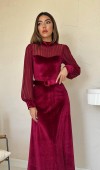 Bordo Kadife Dantel Detaylı Elbise L